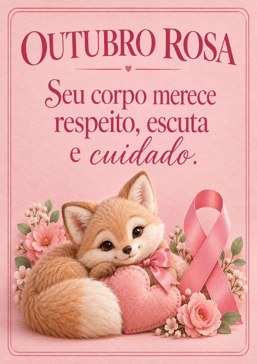 Imagem Outubro Rosa com raposinha de pelagem clara abraçando coração, flores e laço rosa